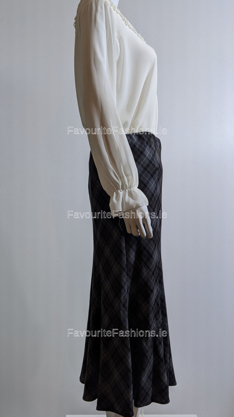 Grey & Black Elasticated Lined A-Line Checked Tartan Skirt