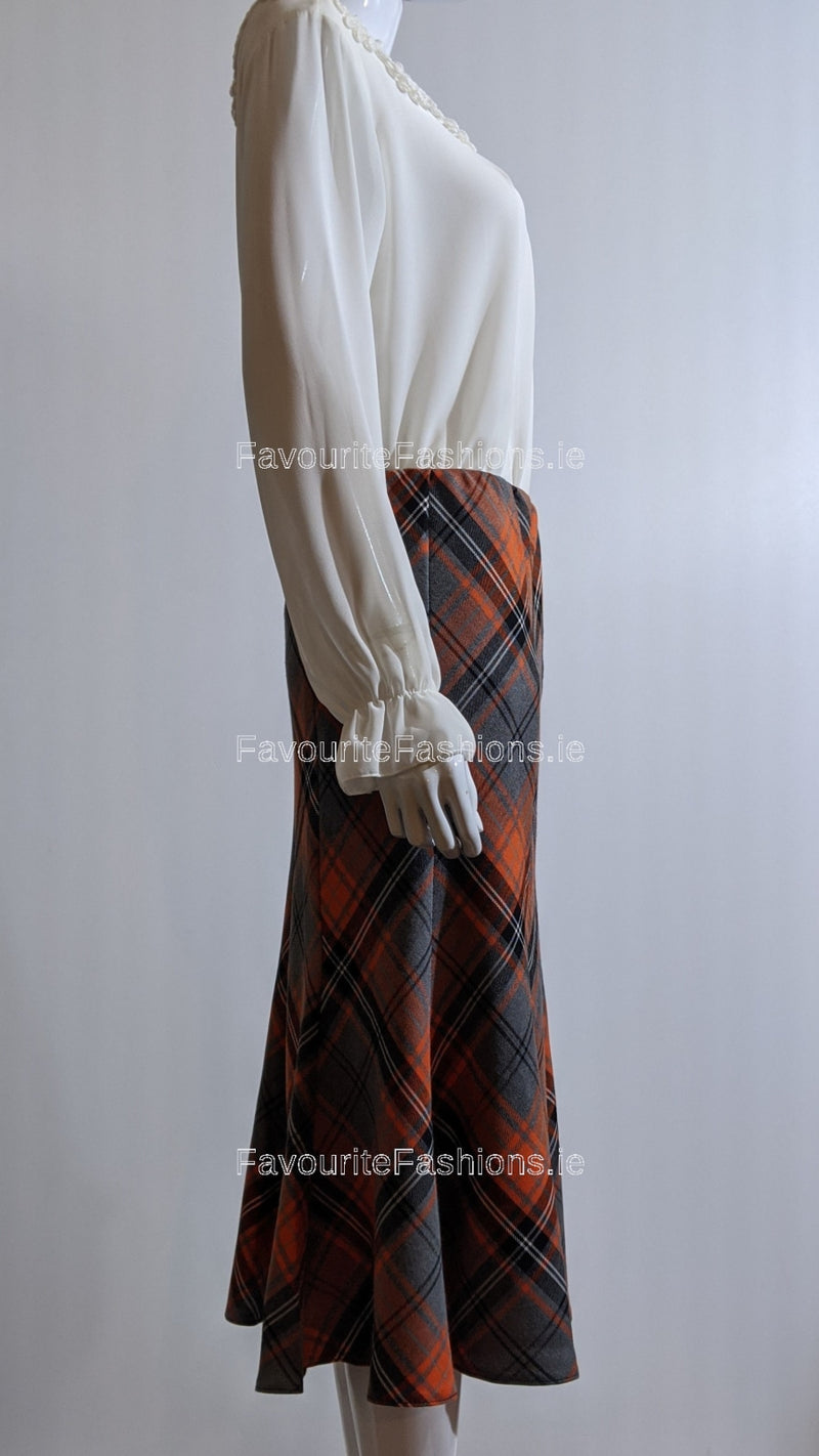 Grey & Orange Elasticated Lined A-Line Checked Tartan Skirt