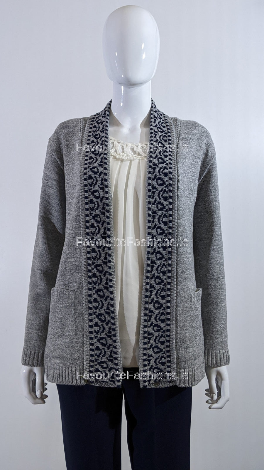 Grey Pattern Open Cardigan with Pockets