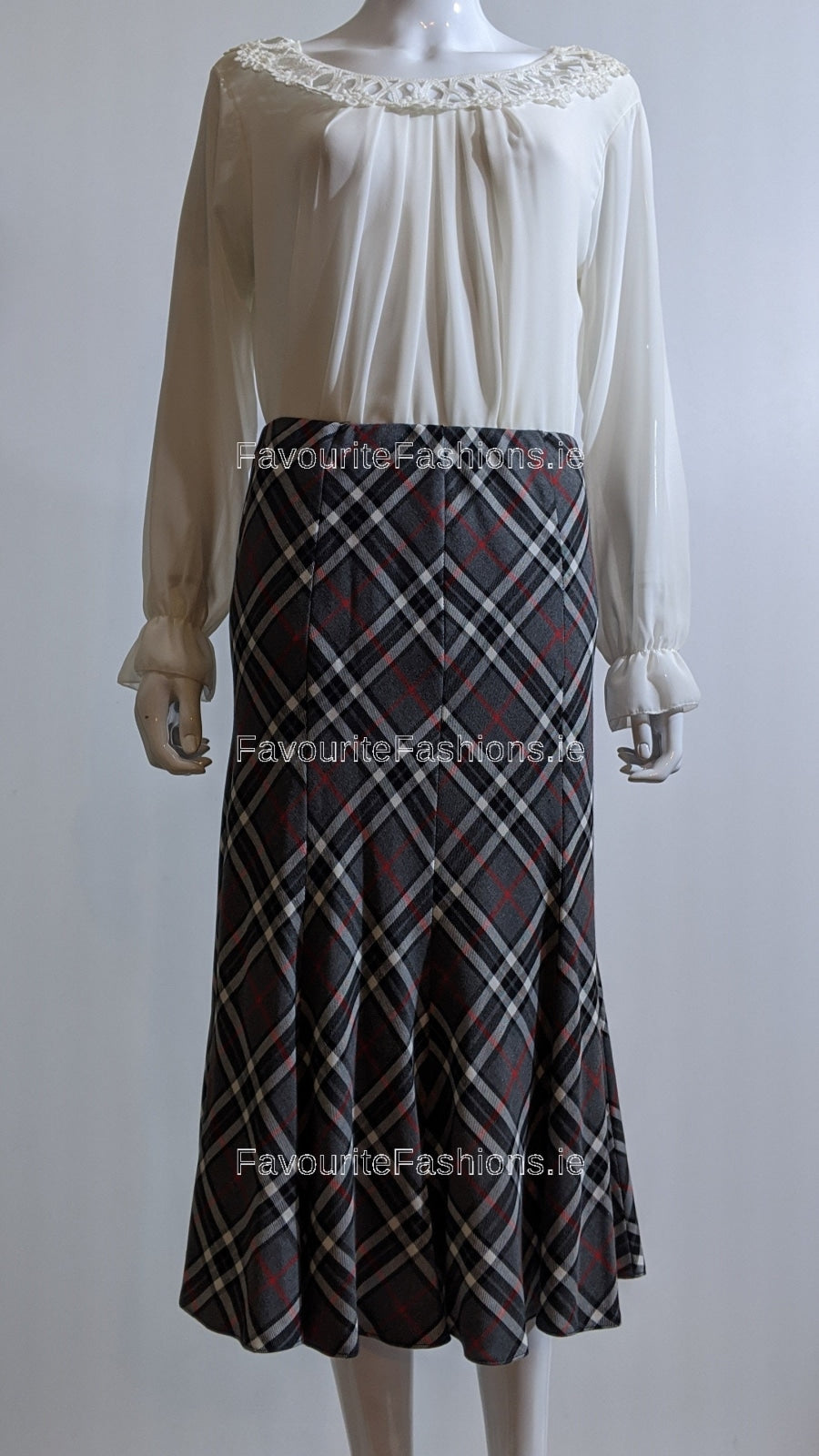 Grey & White Elasticated Lined A-Line Checked Tartan Skirt