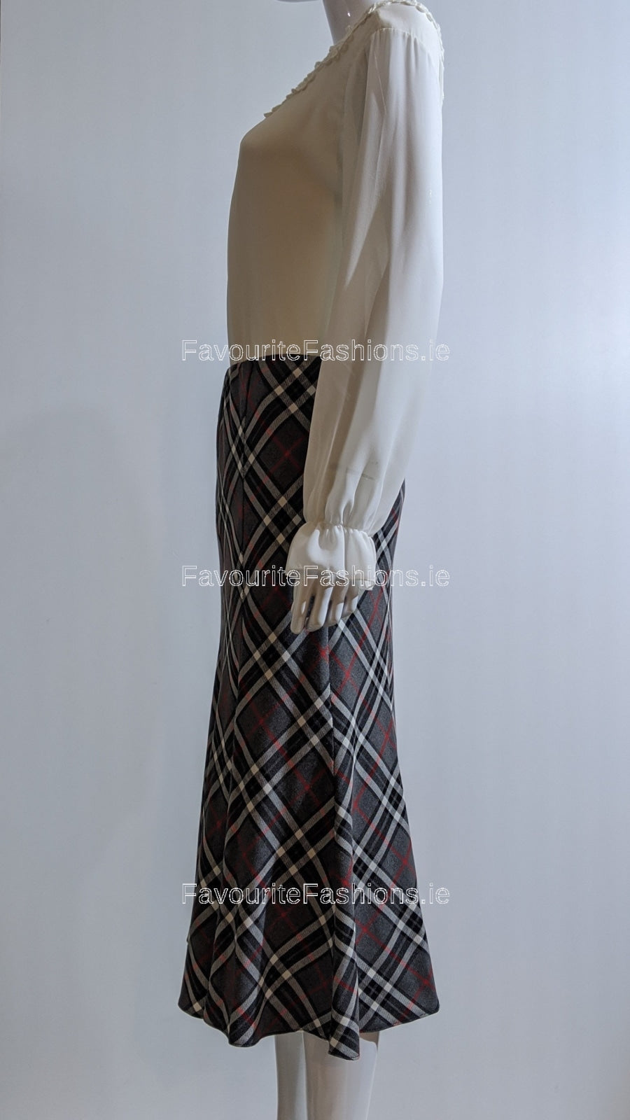 Grey & White Elasticated Lined A-Line Checked Tartan Skirt