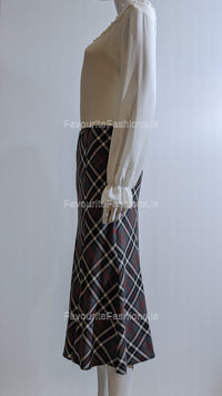 Grey & White Elasticated Lined A-Line Checked Tartan Skirt