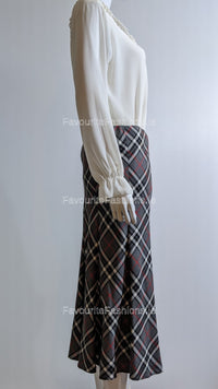 Grey & White Elasticated Lined A-Line Checked Tartan Skirt