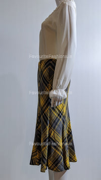 Grey & Yellow Elasticated Lined A-Line Checked Tartan Skirt