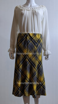 Grey & Yellow Elasticated Lined A-Line Checked Tartan Skirt