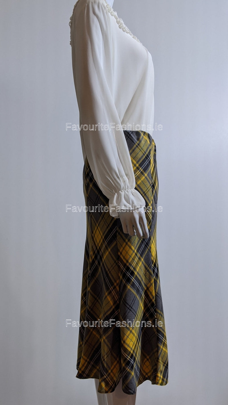 Grey & Yellow Elasticated Lined A-Line Checked Tartan Skirt