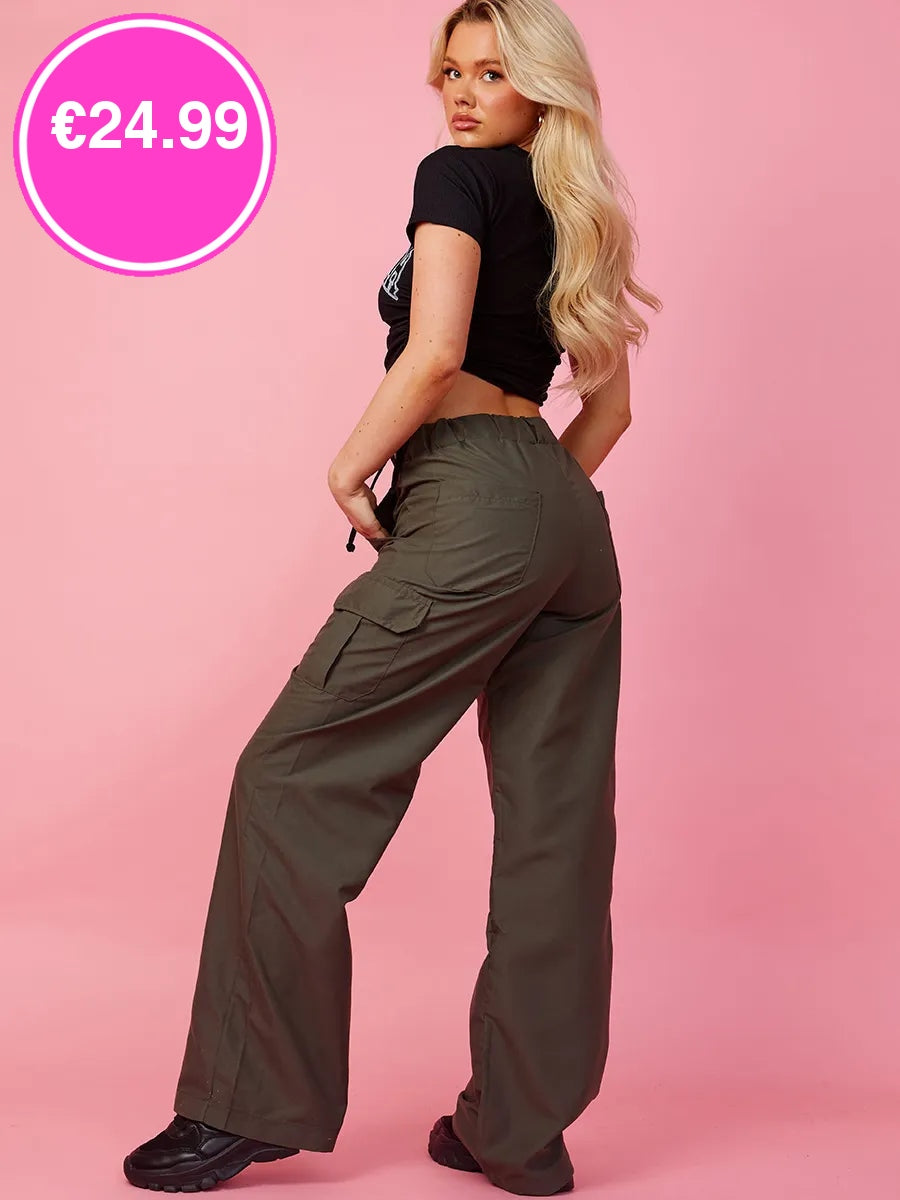 Khaki Green Wide Leg Loose Combat Cargo Trousers