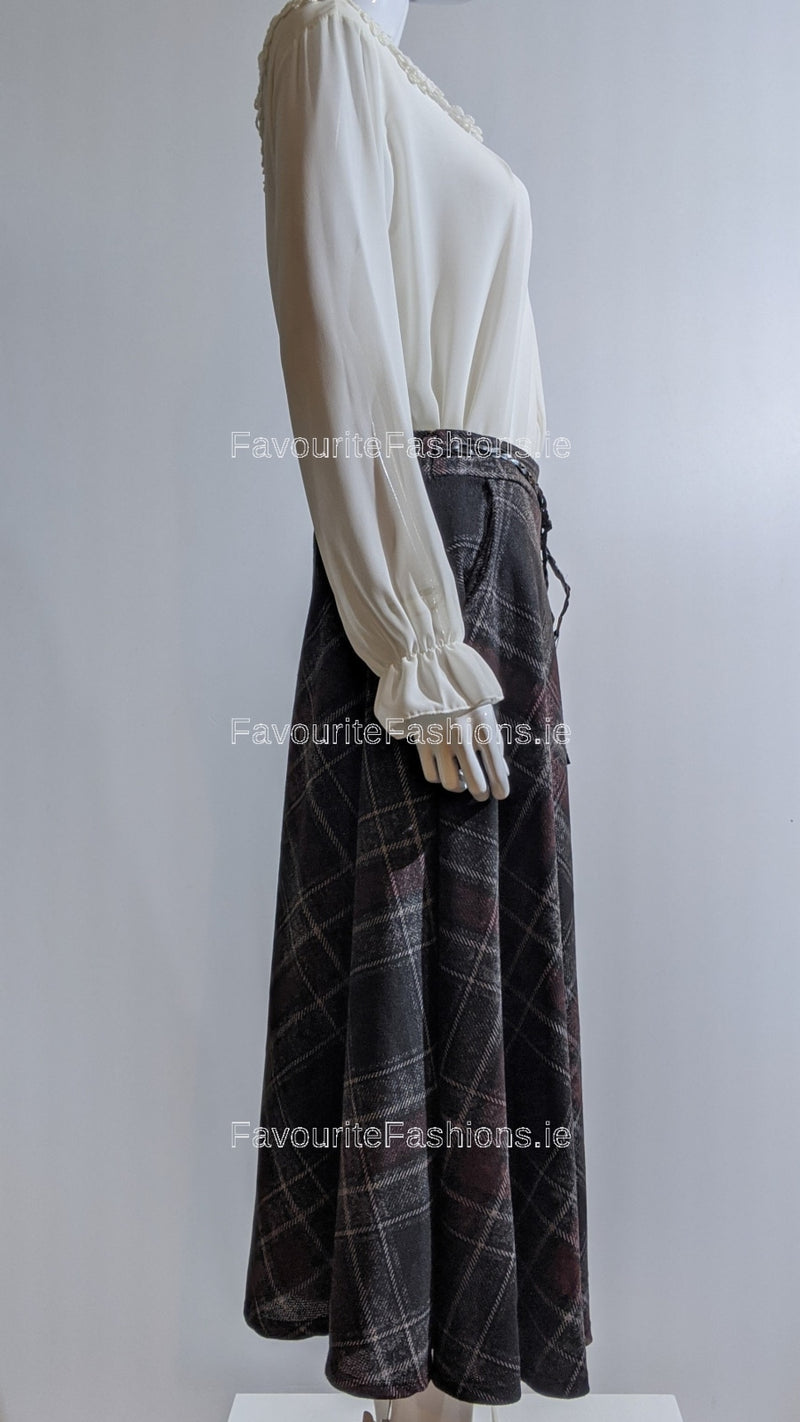 Maroon & Black Check Belted A-Line Skirt