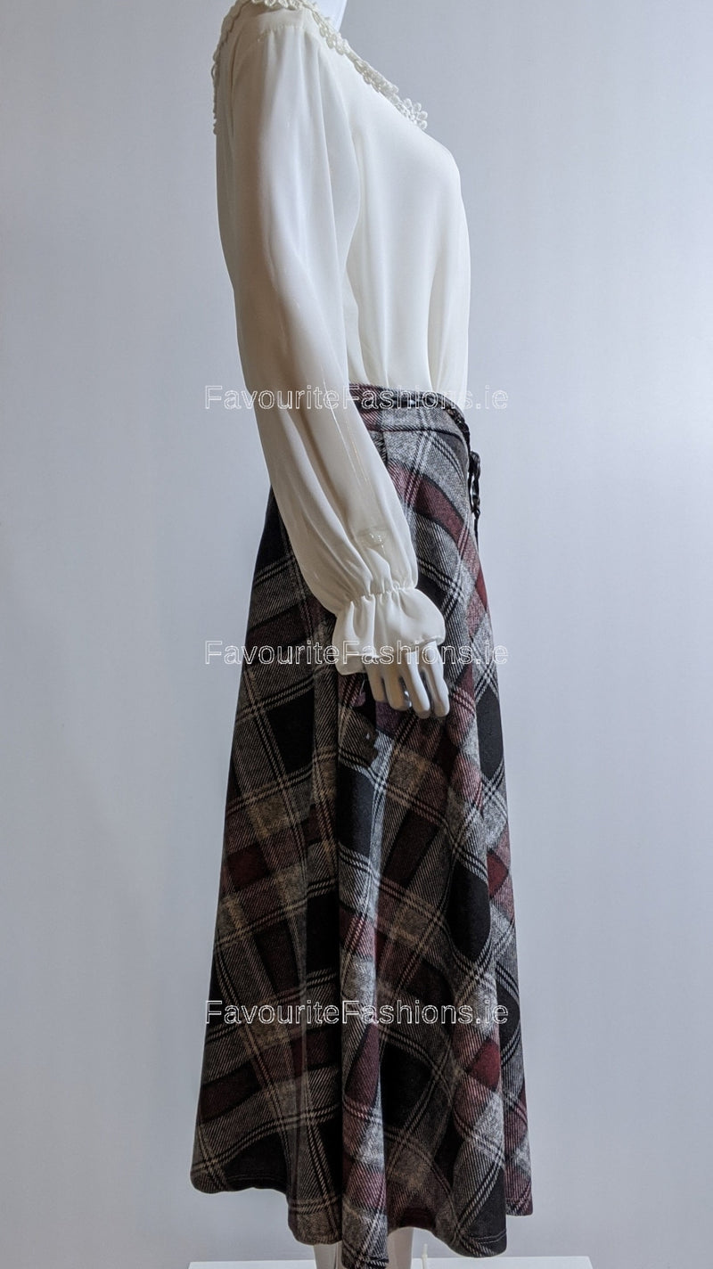 Maroon & White Check Belted A-Line Skirt