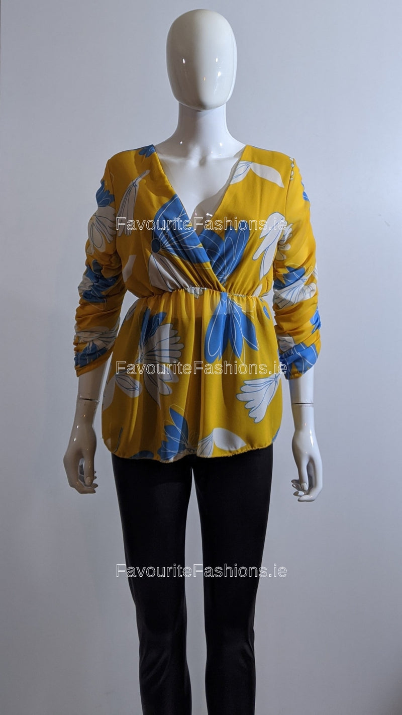 Mustard Floral Wrap Front Top