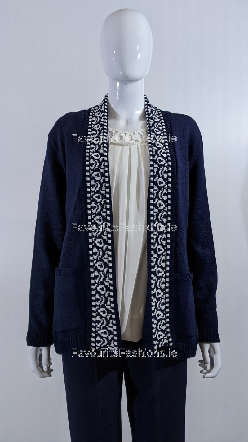 Navy Pattern Open Cardigan with Pockets