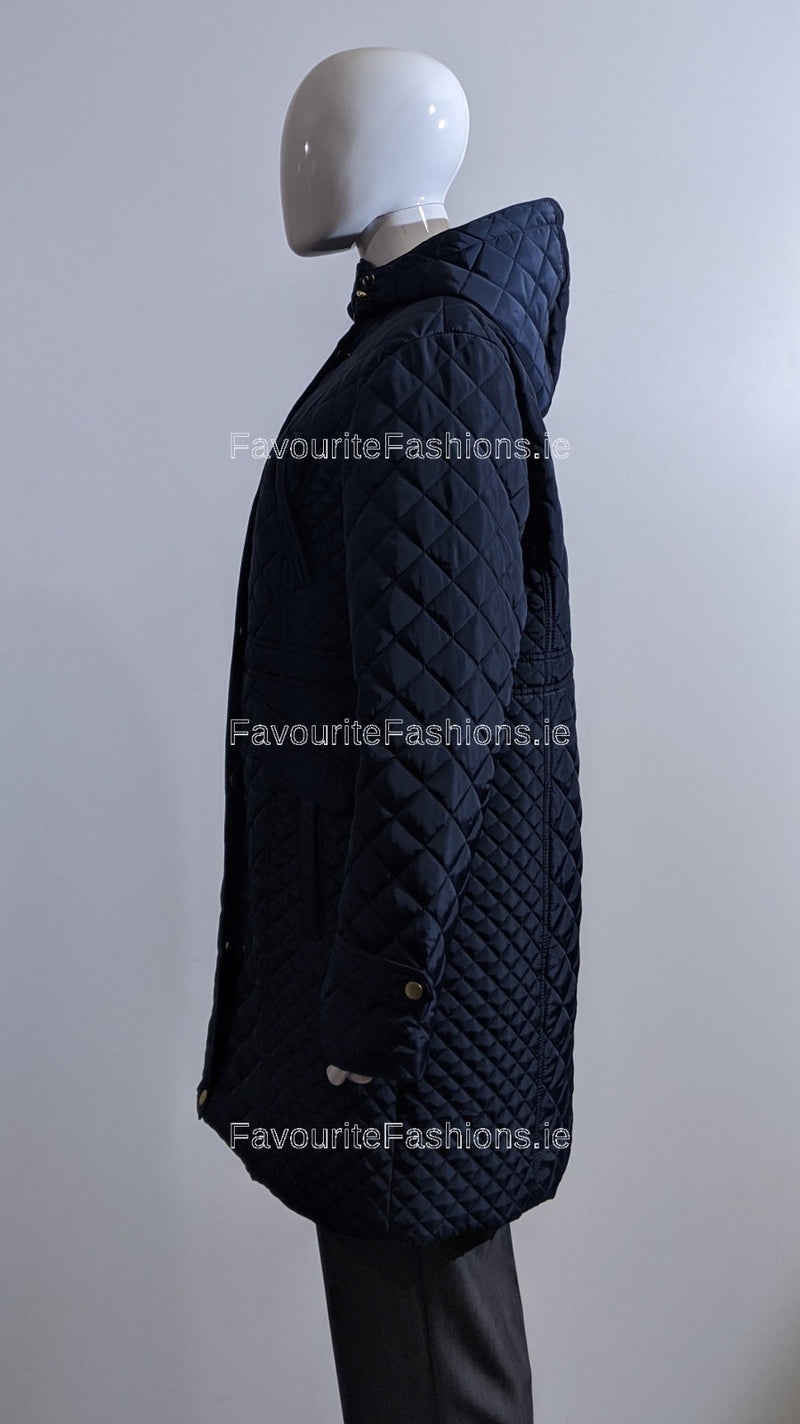 Navy Quilted Hooded Long Coat