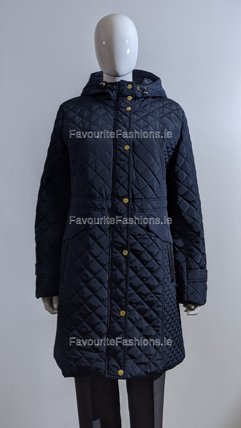 Navy Quilted Hooded Long Coat