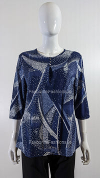 Navy Spotted Pattern Round Neck Blouse Top