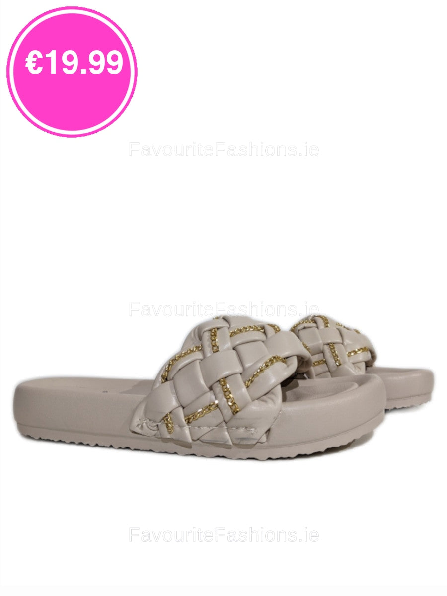 Nude Chain Detail Woven Chunky Sliders 