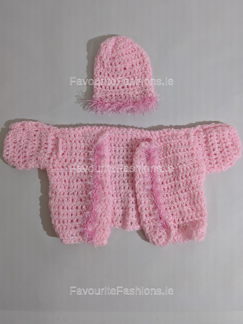 Pink Baby Hand Knitted Jacket and Hat Set