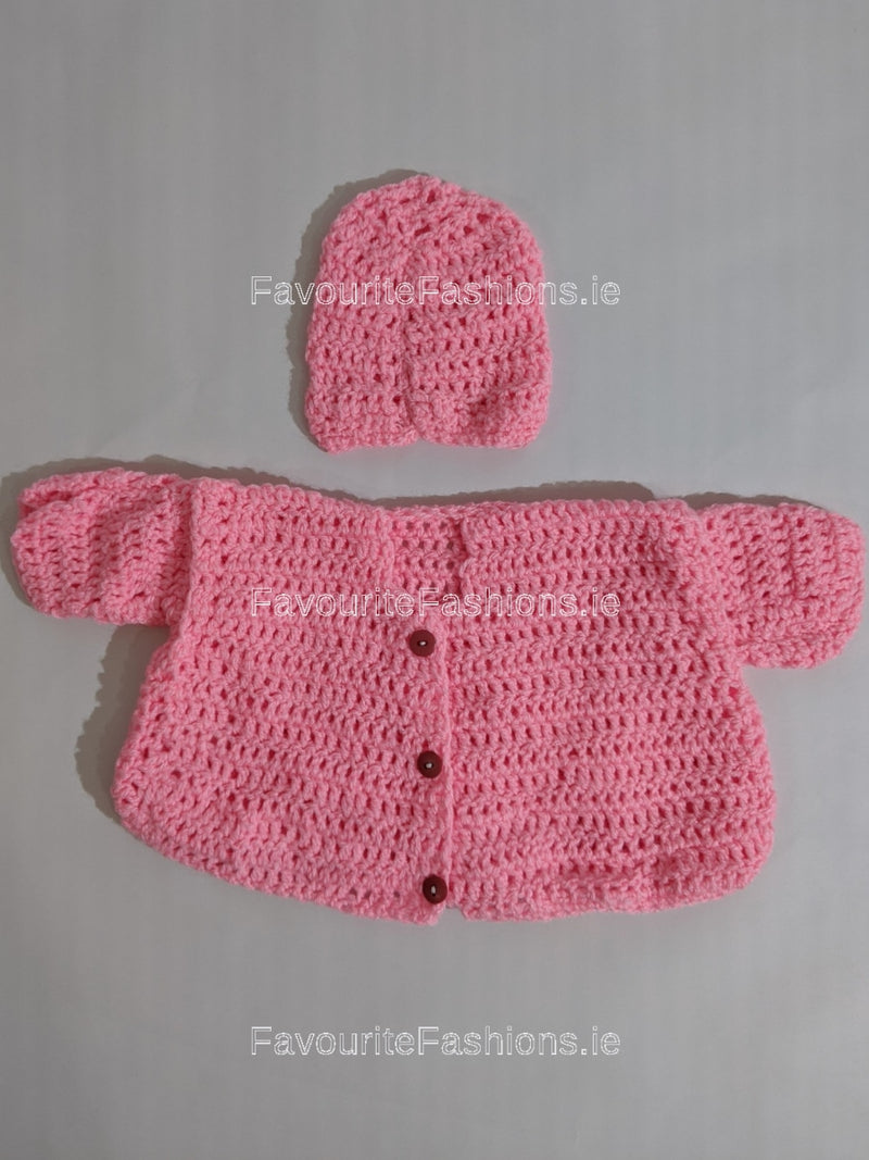 Pink Baby Hand Knitted Jacket and Hat Set
