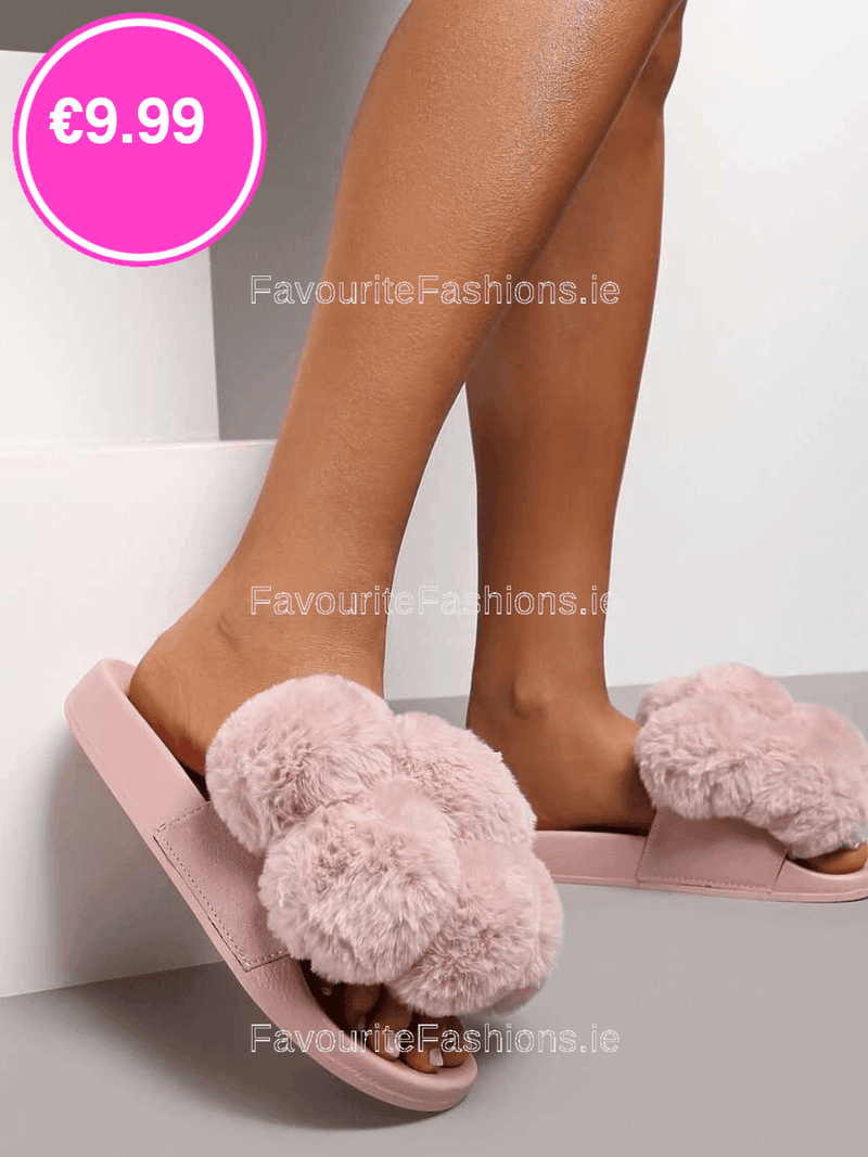 Pink Chunky Platform Fur Fluffy Sliders