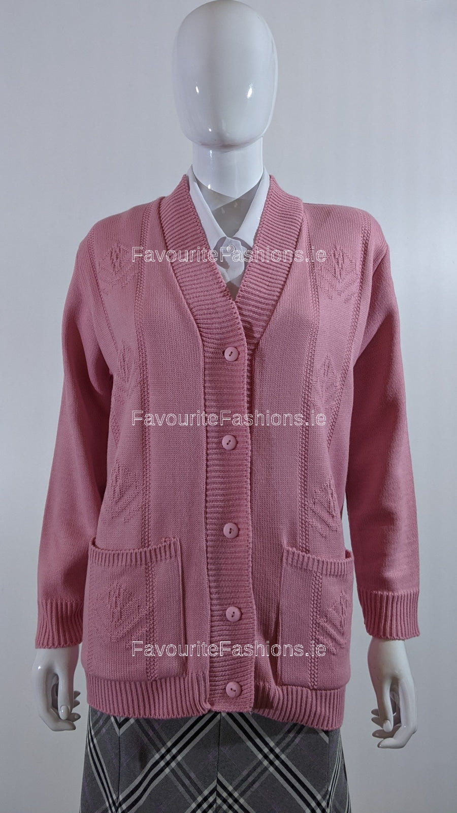 Pink Diamond Design V-Neck Button Cardigan with Pockets