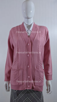 Pink Diamond Design V-Neck Button Cardigan with Pockets