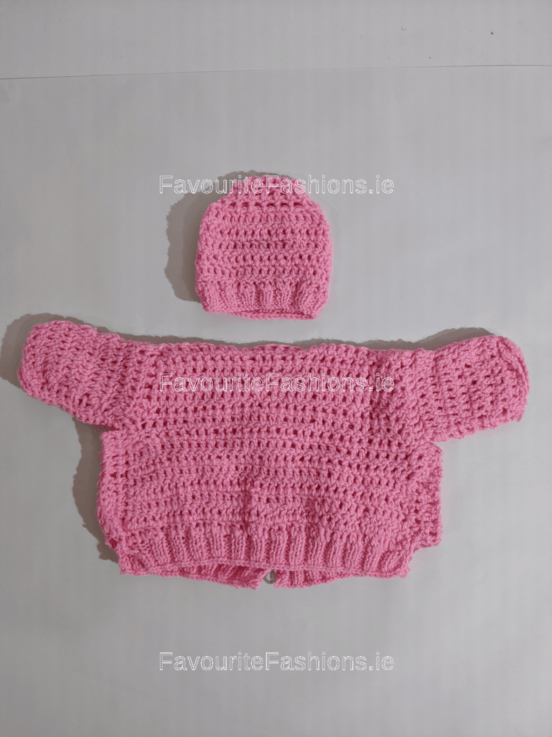 Pink Hand Knitted Baby Hat and Jacket Set