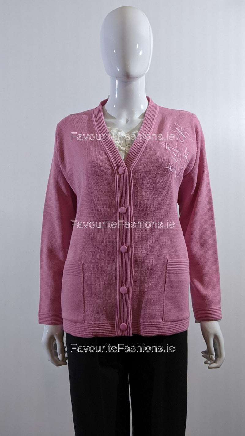 Pink V-Neck Button Pocket Cardigan