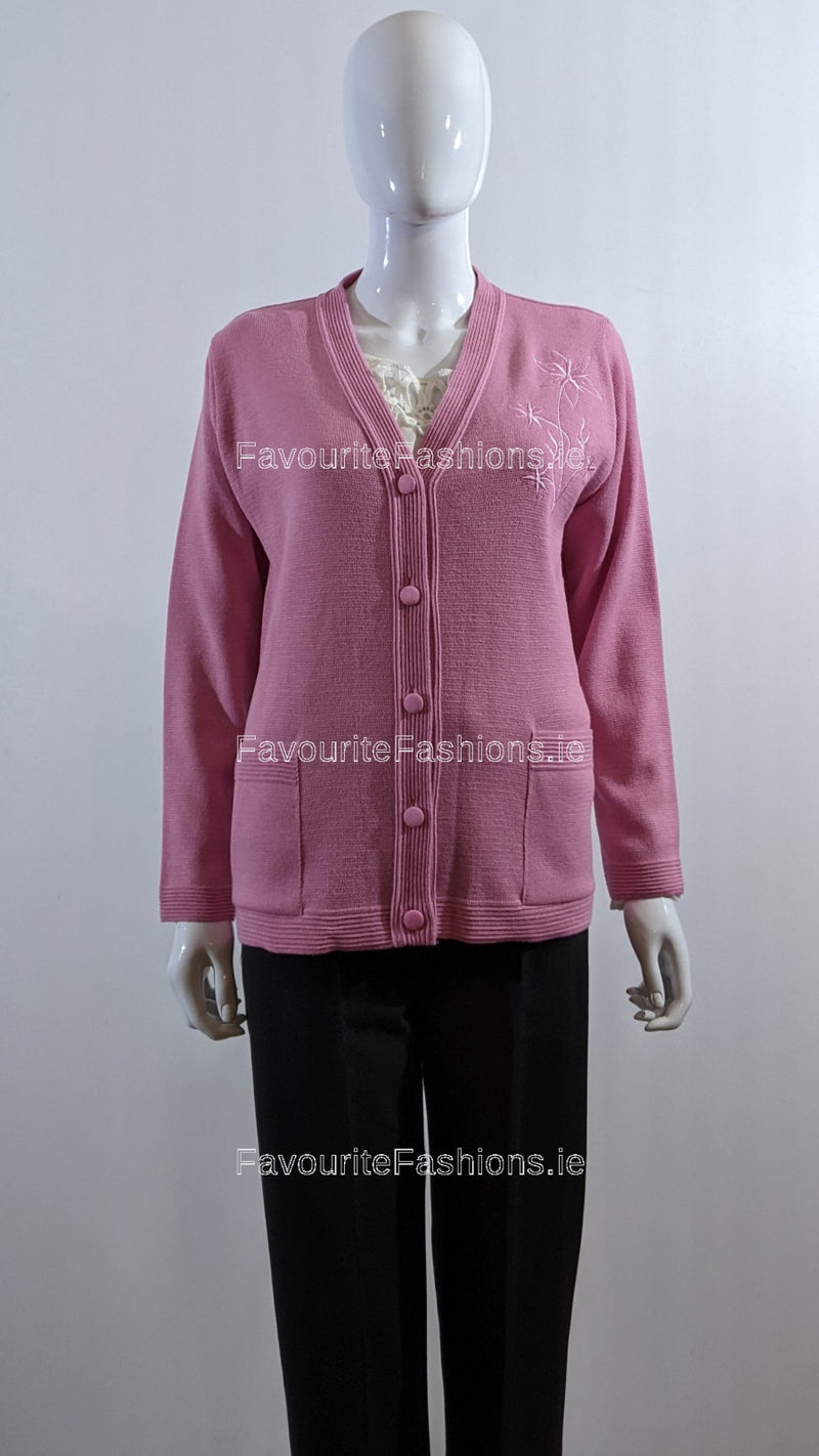 Pink V-Neck Button Pocket Cardigan