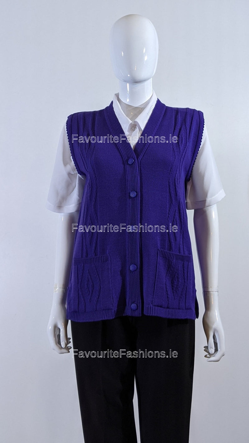 Purple Button Up Knitted Waistcoat Cardigan with Pockets