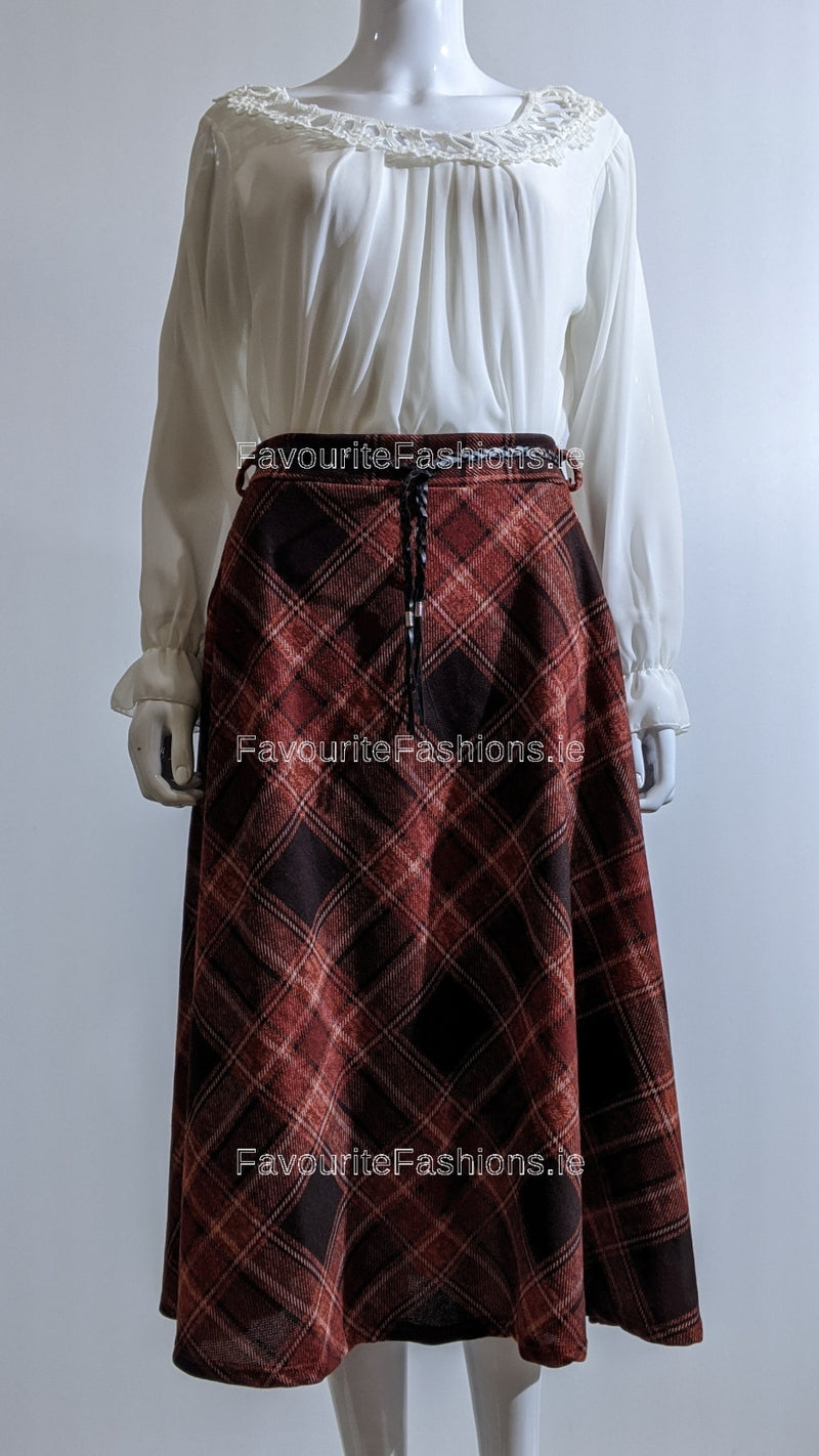 Red & Black Check Belted A-Line Skirt