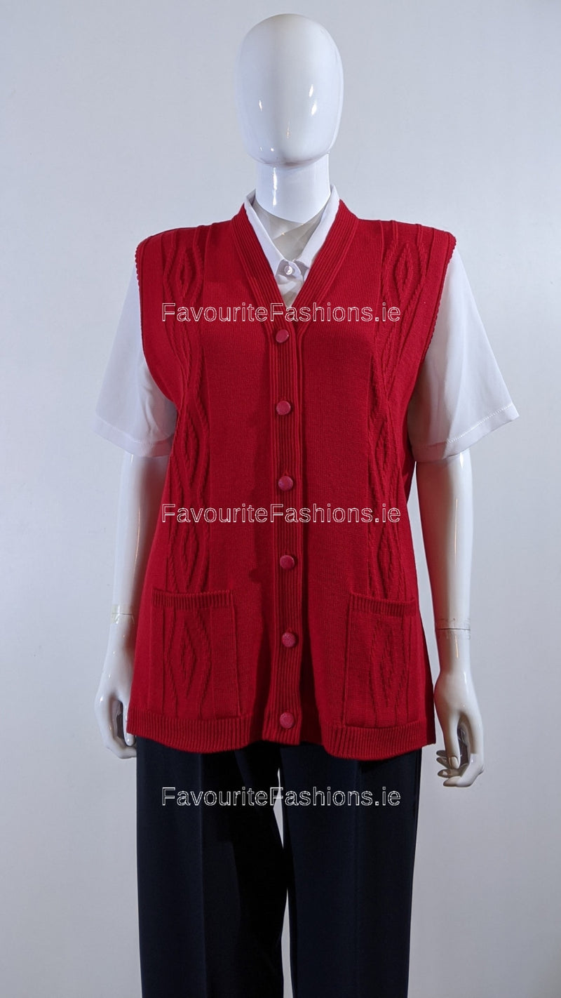Red Button Up Knitted Waistcoat Cardigan with Pockets