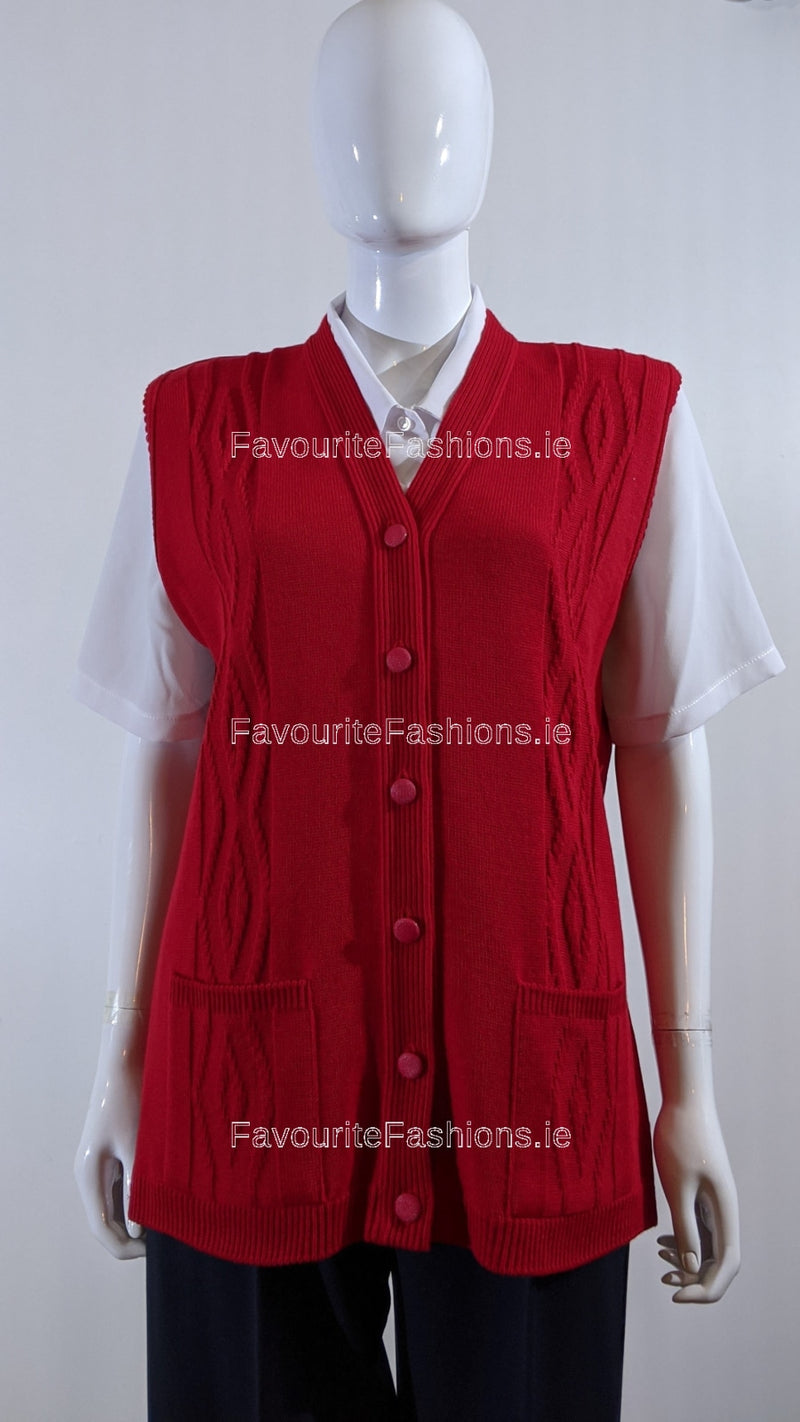 Red Button Up Knitted Waistcoat Cardigan with Pockets