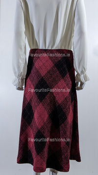 Red Elasticated Lined A-Line Checked Tartan Warm Skirt
