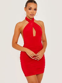 Red Halter Neck Slinky Cross Front Ruched Dress