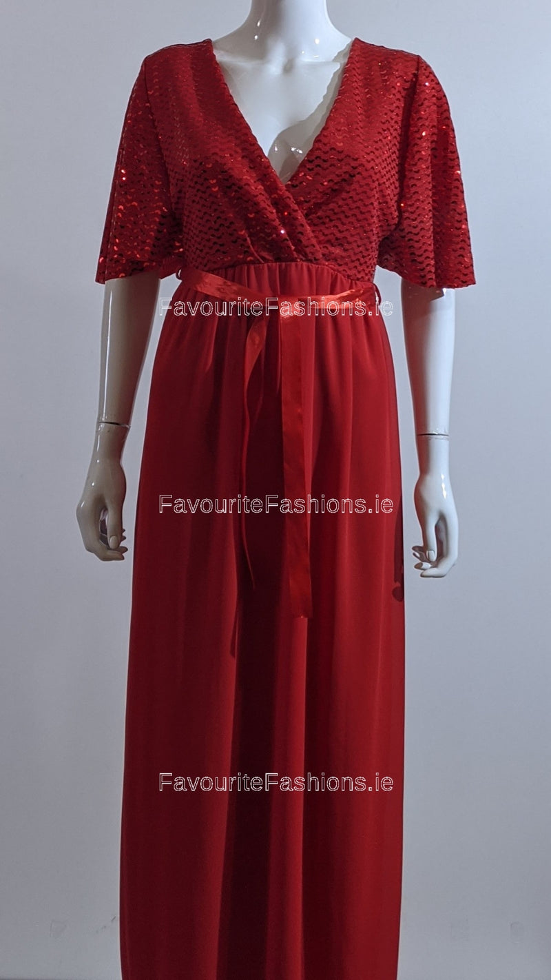 Red Sparkle Glitter Design V-Neck Long Dress