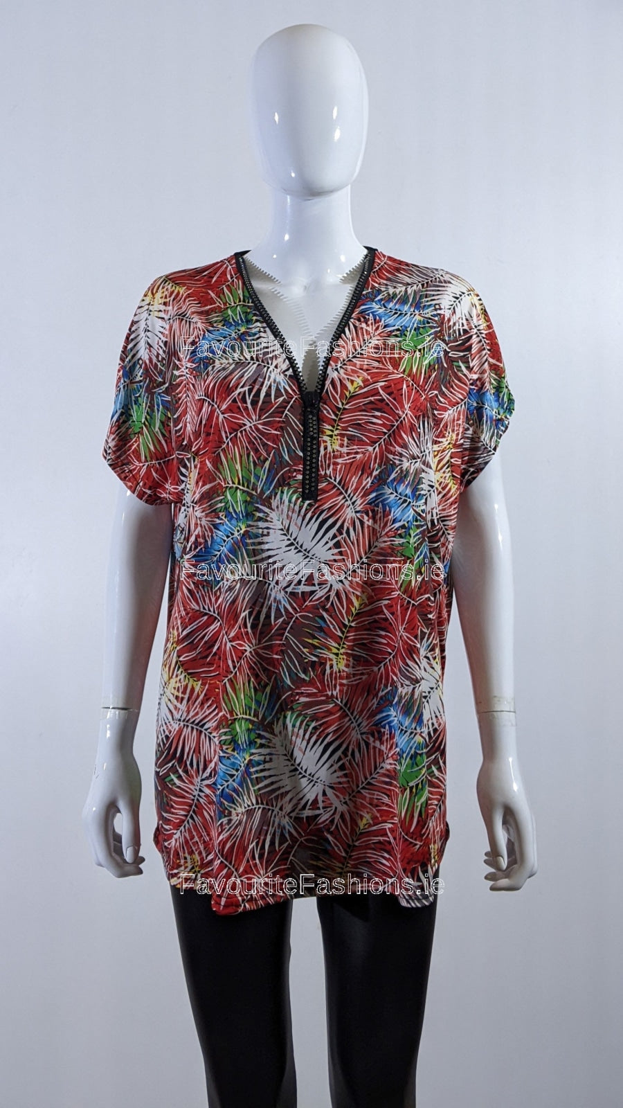 Red Tropical Print Loose Zip Top