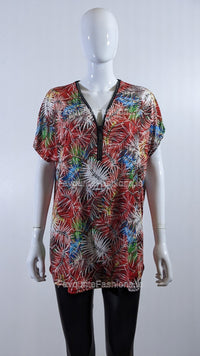 Red Tropical Print Loose Zip Top