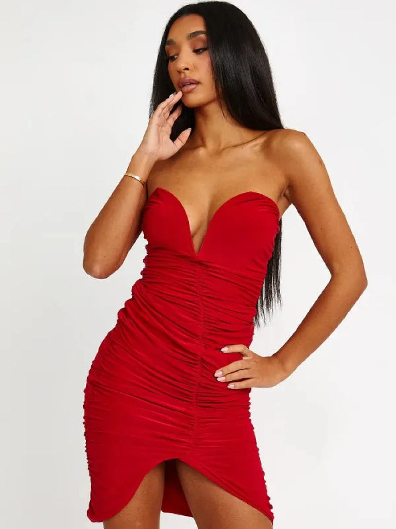 Red V-Bar Slinky Ruched Bandeau Bodycon Dress