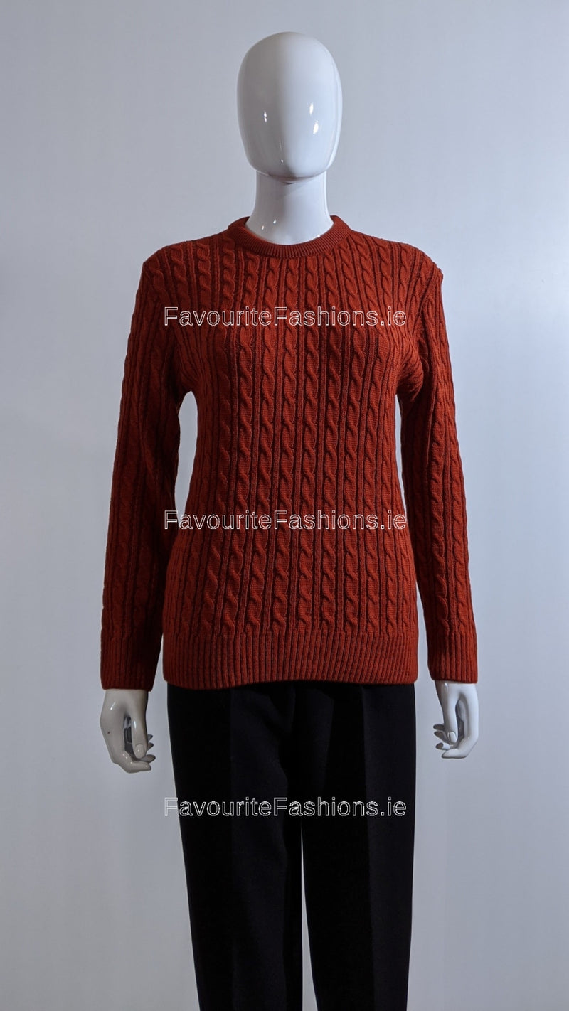 Rust Round Neck Cable Knit Jumper