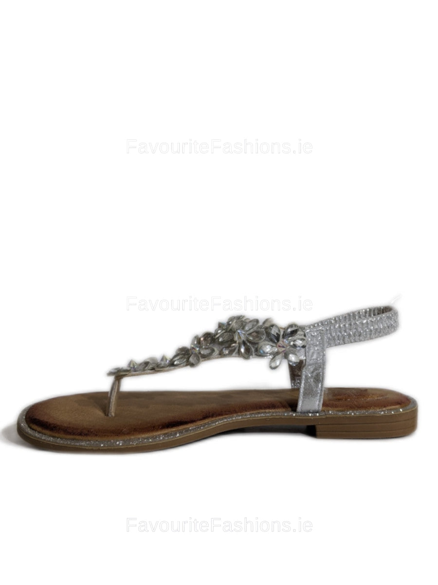 Silver Diamond Elastic Band Cushion Toe Bar Sandals