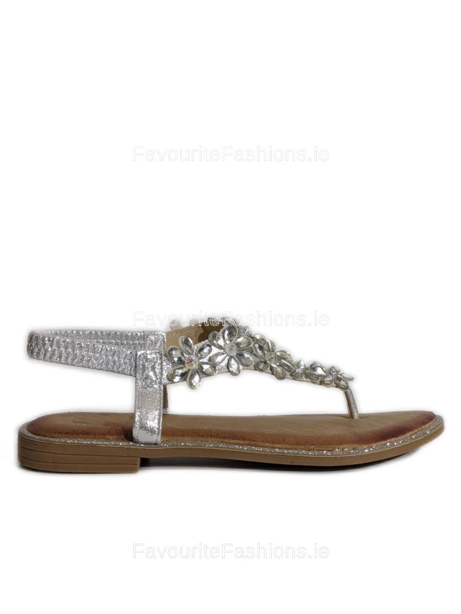 Silver Diamond Elastic Band Cushion Toe Bar Sandals