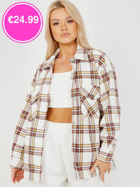 Stone Oversized Checked Shirt Jacket