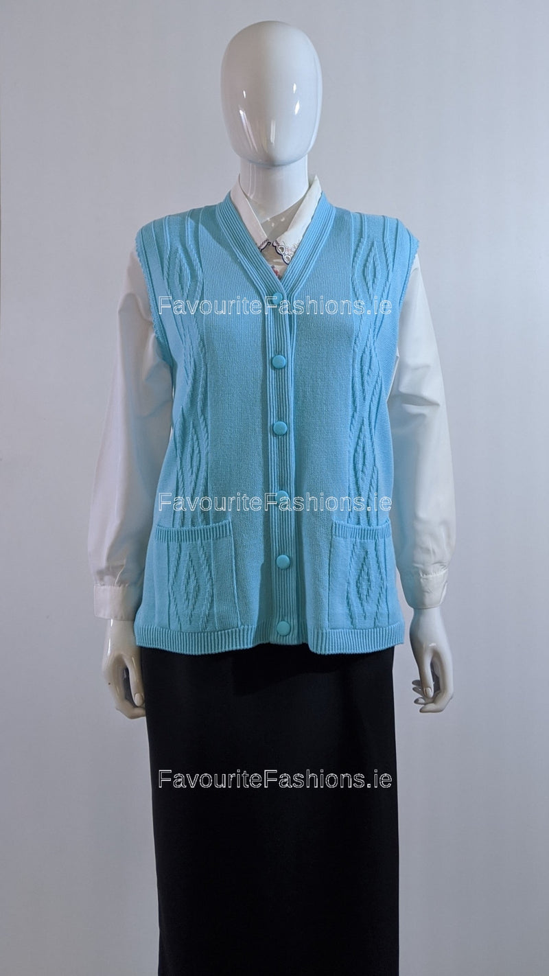 Turquoise Button Up Knitted Waistcoat with Pockets