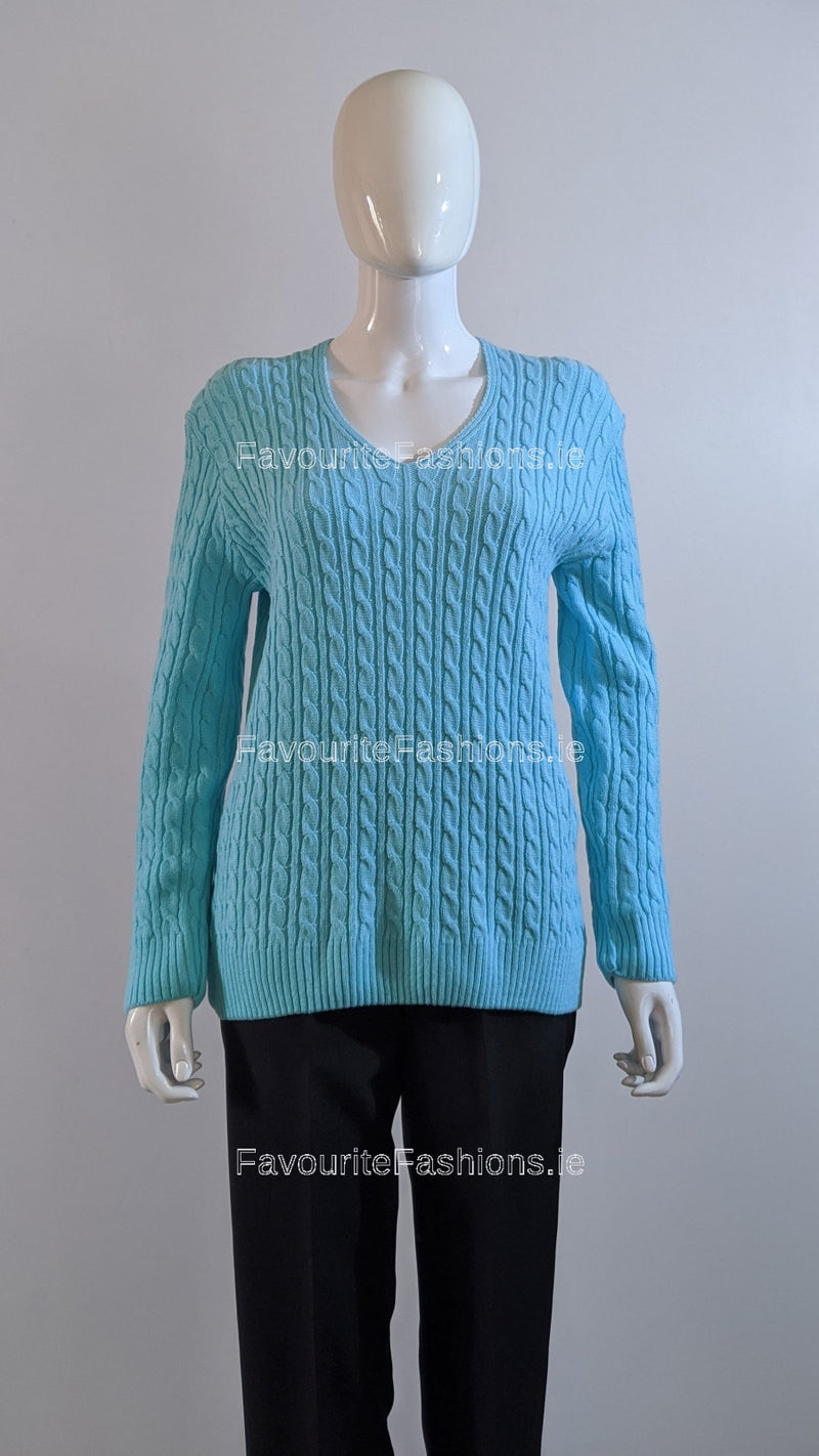 Turquoise V-Neck Cable Knit Jumper