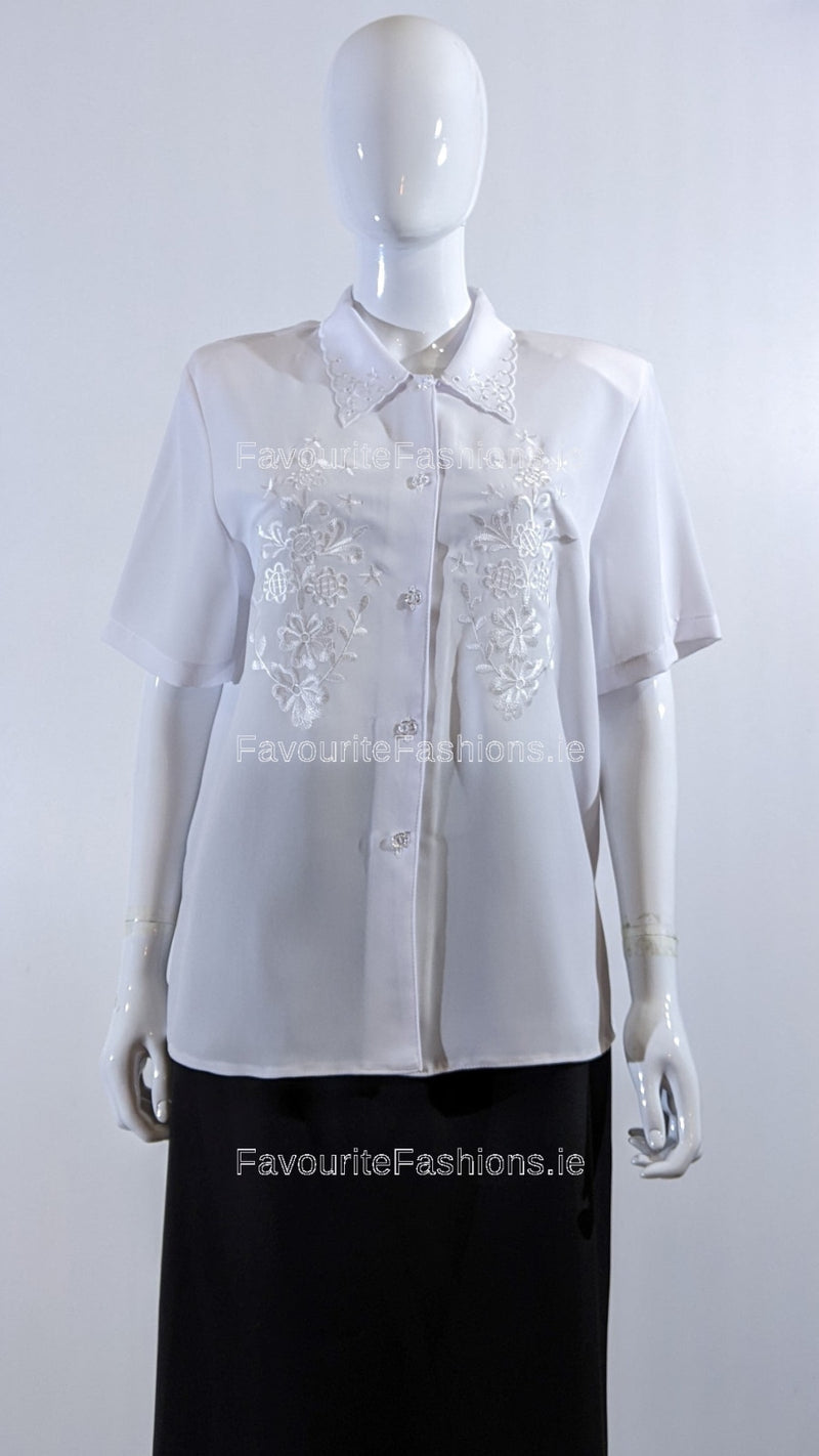 White Collar Button Up Short Sleeve Blouse