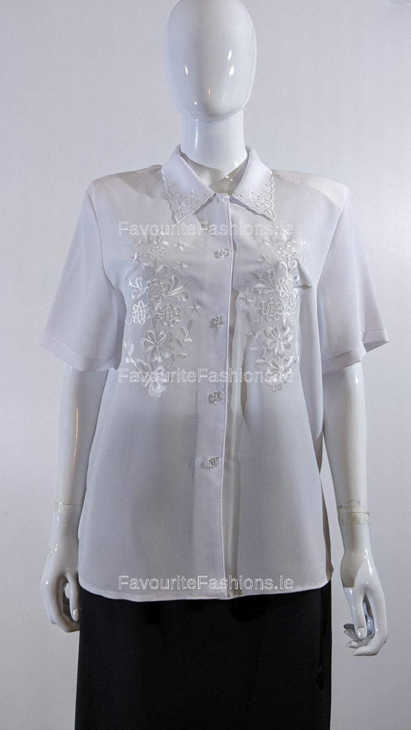 White Collar Button Up Short Sleeve Blouse