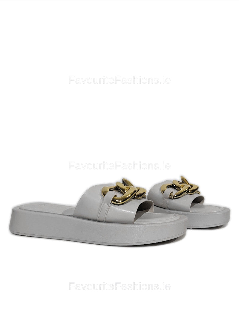 White Thick Sole Platform Sliders with Gold Buckle 