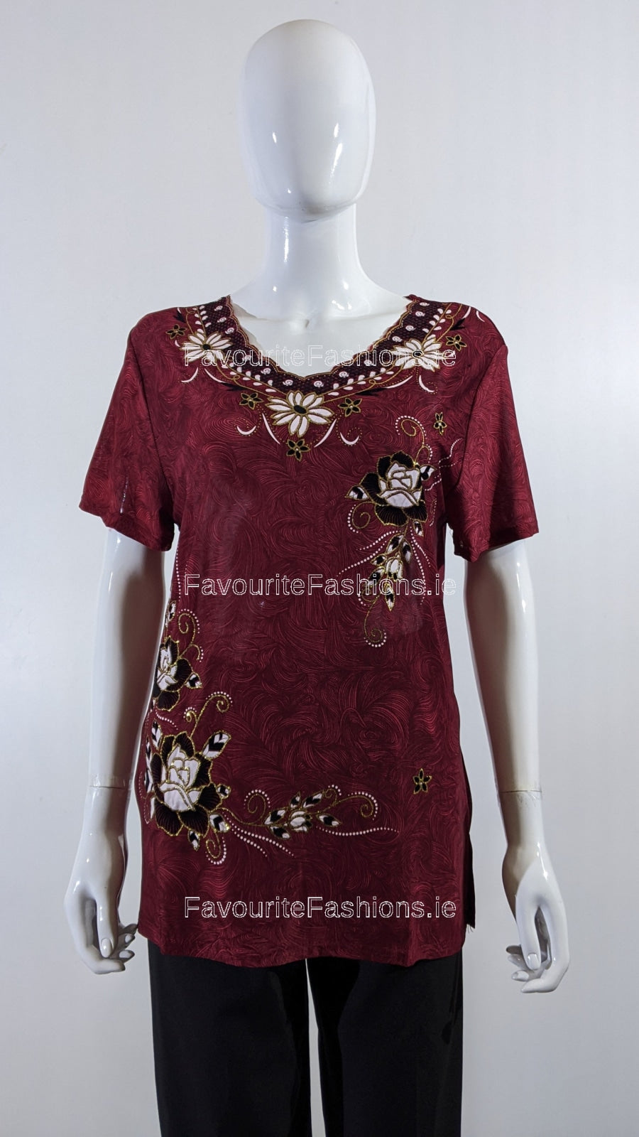 Wine Floral Embroidered Short Sleeve Top