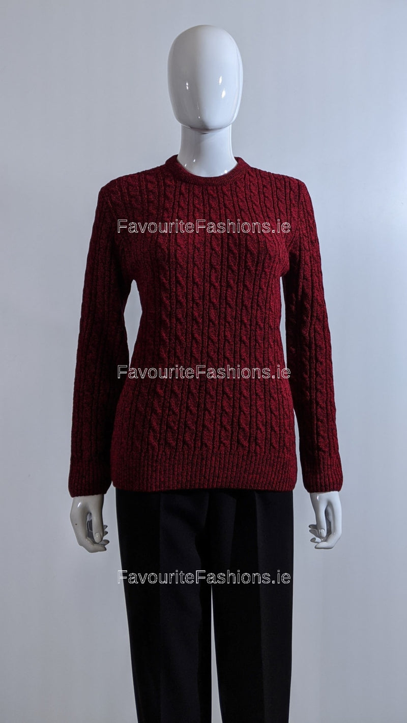 Wine Round Neck Cable Knit Jumper