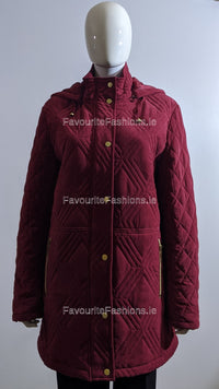 Wine Soft Touch Quilted Hooded Long Coat